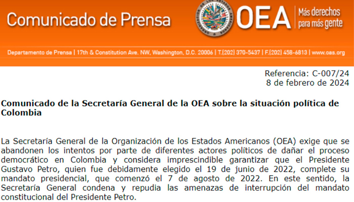 OEA exige que se abandonen intentos de dañar el proceso democrático en Colombia
