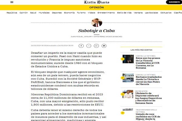 «Sabotaje a Cuba», publica periódico dominicano Listín Diario