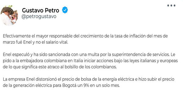 “El mayor responsable del crecimiento de la inflación de marzo fue Enel y no el salario vital”: Presidente Petro